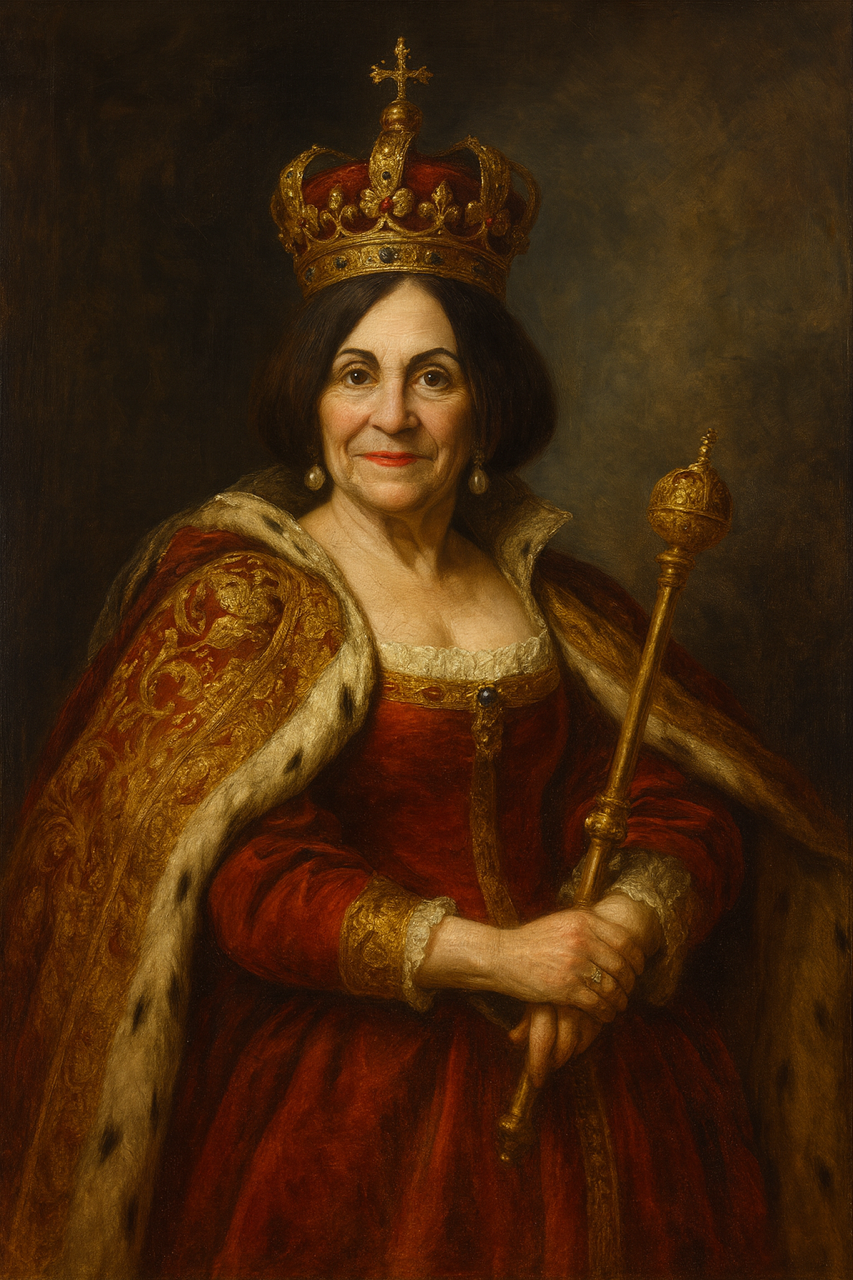 Satirical royal portrait of Toni Boucher depicted as a queen, holding a scepter and wearing a crown — political parody.